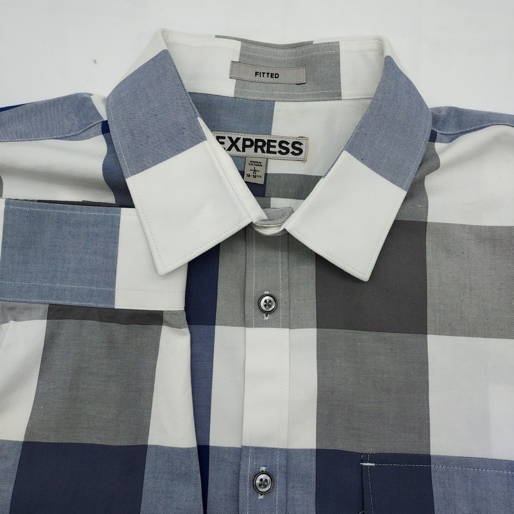 Express Fitted Shirt Mens L 16-16‎ 1/2 Plaid Blue Gray White Long Sleeve Button
